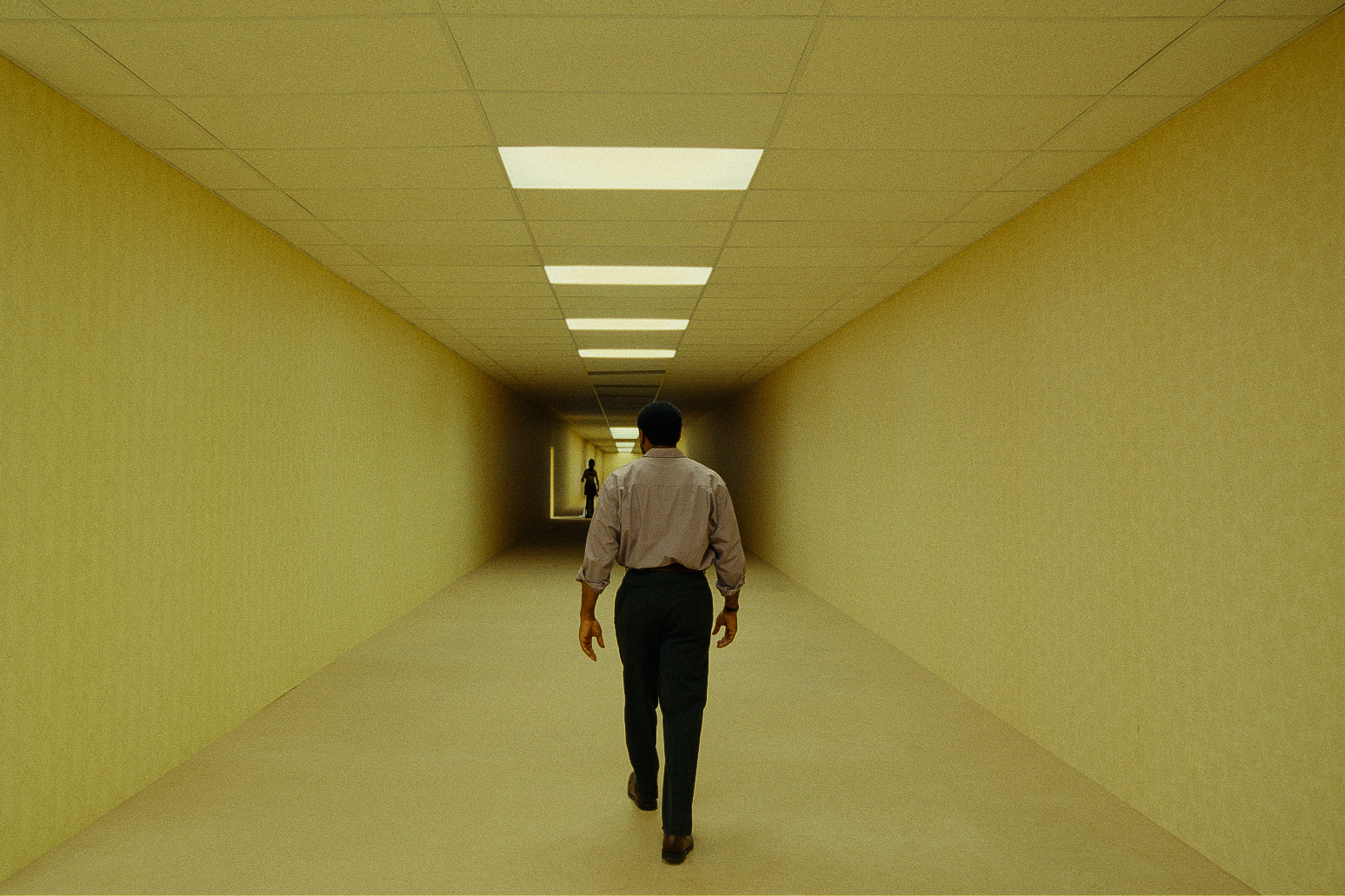 A dim yellow Backrooms corridor from the Backrooms movie