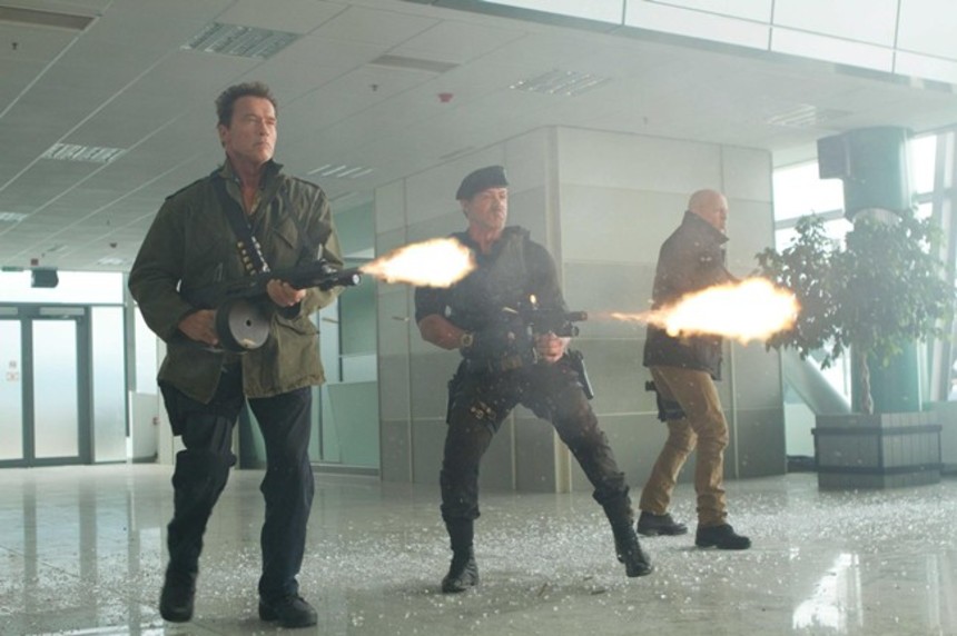 Old Guys With Guns! Arnold, Sly And Bruce Shoot The Shit In New EXPENDABLES 2 Image.